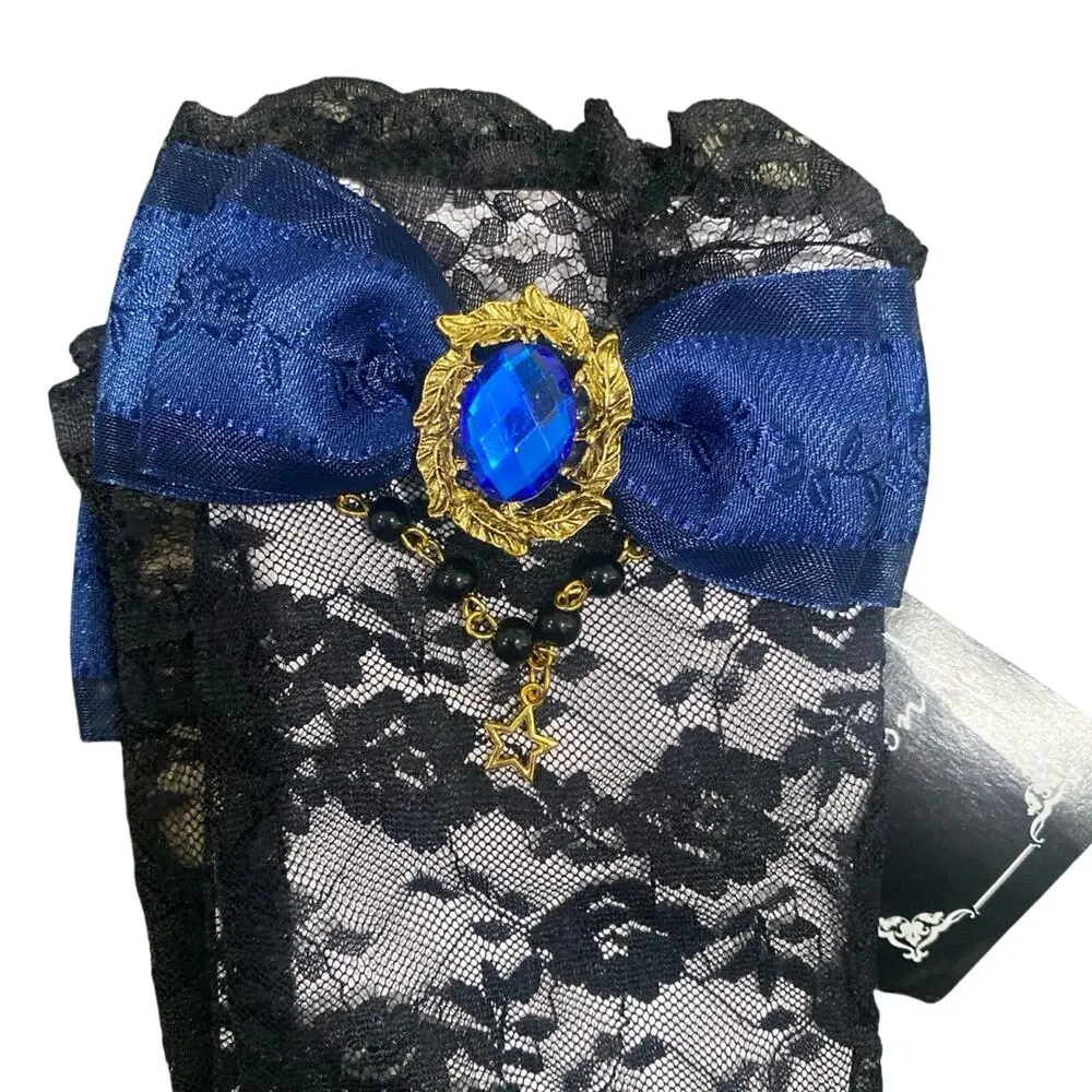 Lace Gloves with Dark Blue Bow and Gem in Black, Size OS